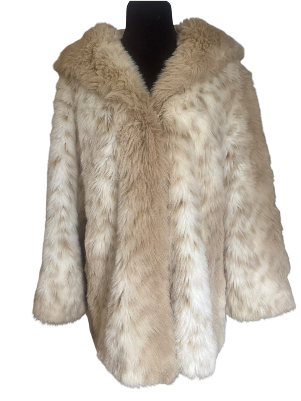 Vintage 90s Faux Fur Hooded Coat Size S Cream Beige Mobwife Boho Glam Statement